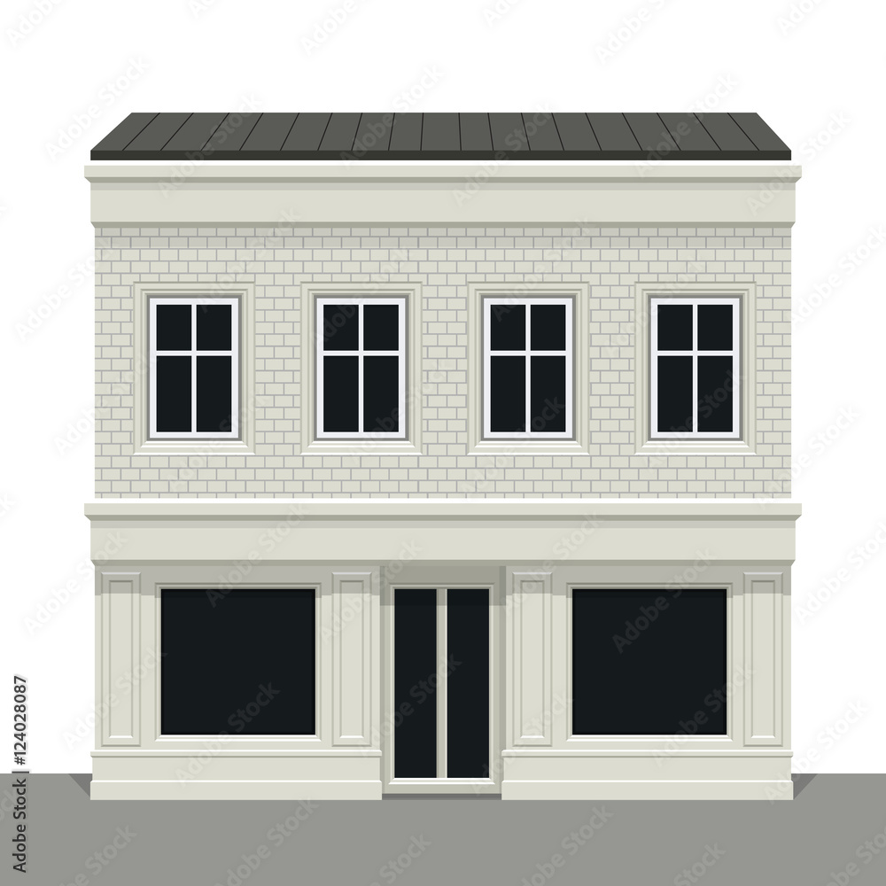 Facade shop, store, boutique with glass windows and doors, front view. Front of house. Template for outdoor advertising. Vector detailed illustration.