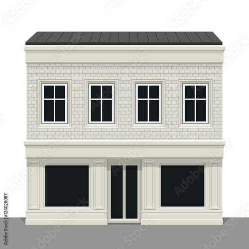 Facade shop, store, boutique with glass windows and doors, front view. Front of house. Template for outdoor advertising. Vector detailed illustration.