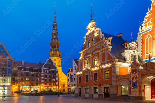 City Hall Square with House of the Blackheads and Saint Roland Statue in Old Town of Riga at night, Latvia