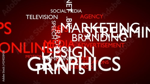 Marketing, branding word tag cloud - red, English variant, 3D rendering, UHD