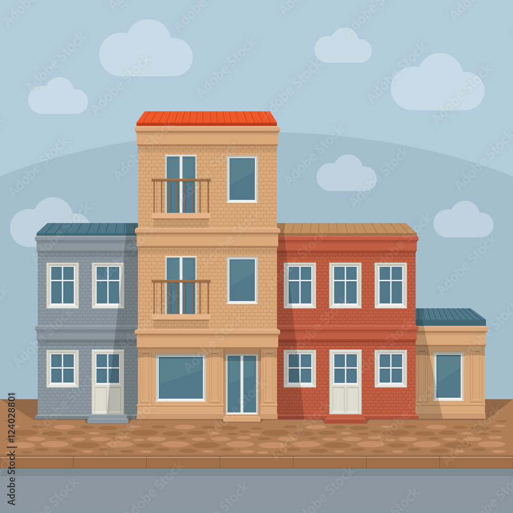 Old town street with retro building facades, front view. City background. Vector detailed illustration.