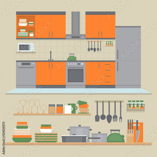 Kitchen interior and shelves with dishes and cooking utensils. Front view interior set. Flat design style, vector illustration.