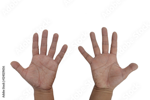 Representation of the two open hands with five fingers. Photograph taken on a white background for easy clipping.