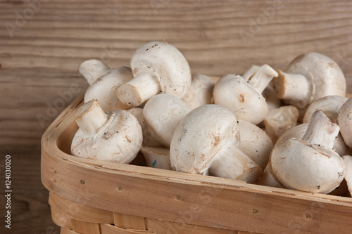 Basket with mushrooms on wooden background