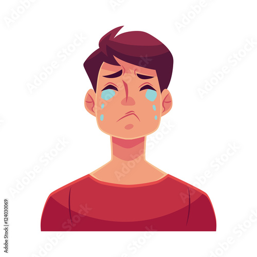 Young man face, crying facial expression, cartoon vector illustrations isolated on white background. Handsome boy emoji crying, shedding tears, sad, heart broken, in grief.