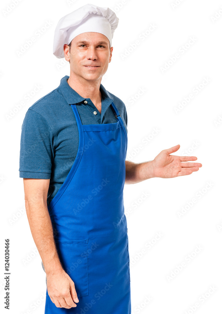 Cook chef gesturing showing explaining isolated on white background Cook chef gesturing showing explaining isolated on white background