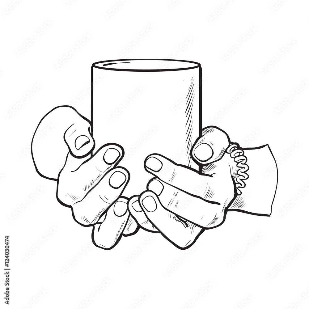 Vecteur Stock well groomed female hand holding a cup with tea or coffee, sketch style vector