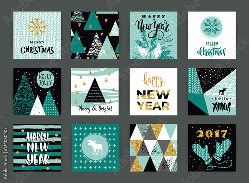Set of artistic creative Merry Christmas and New Year cards.
