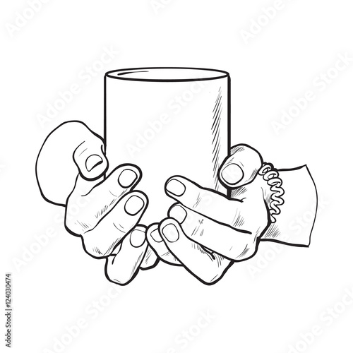 well groomed female hand holding a cup with tea or coffee, sketch style vector illustration isolated on white background. Realistic drawing of beautiful hand holding a mug with a hot beverage