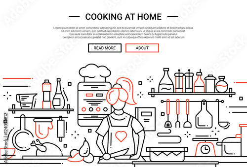 Girl cooking at home - line design website banner
