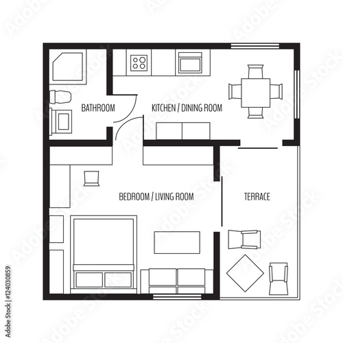 Vector flat projection apartment. Small house plan with furniture. Black and white illustration.