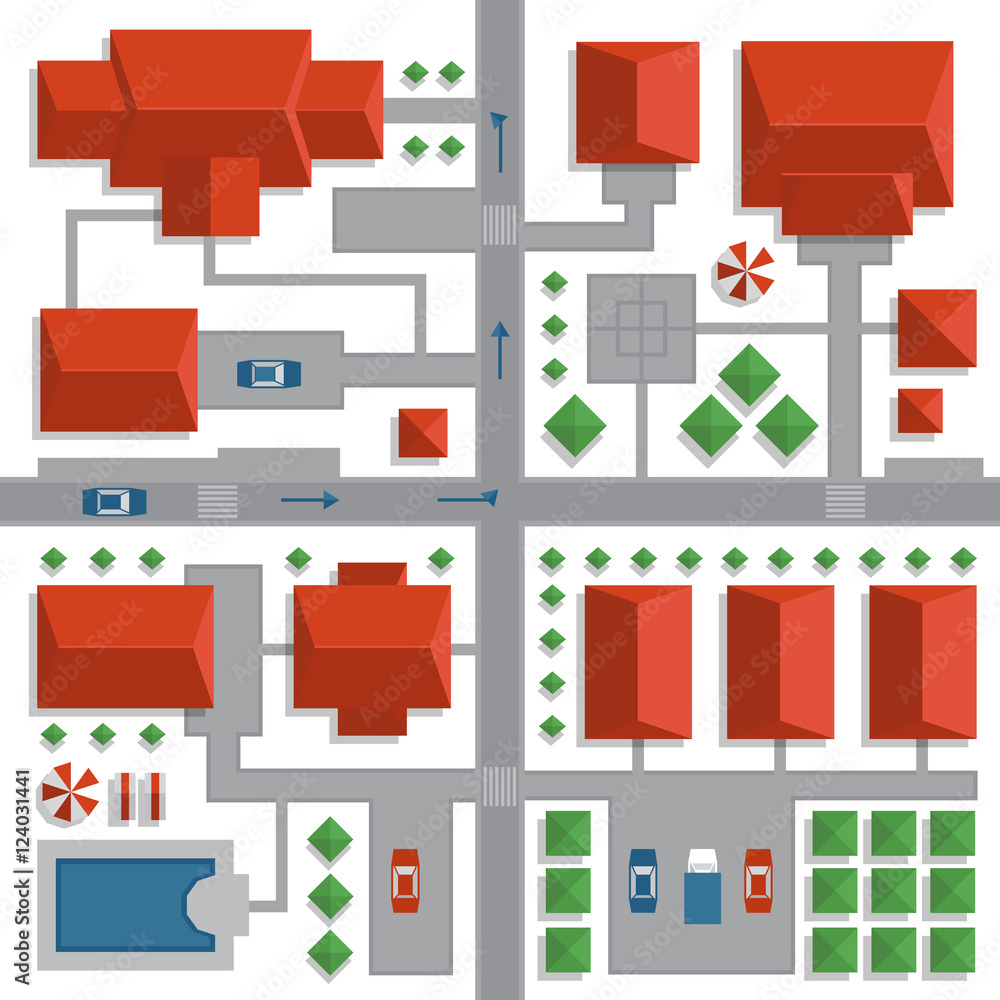 Top view map of the city with streets and houses. View from above. Vector illustration.