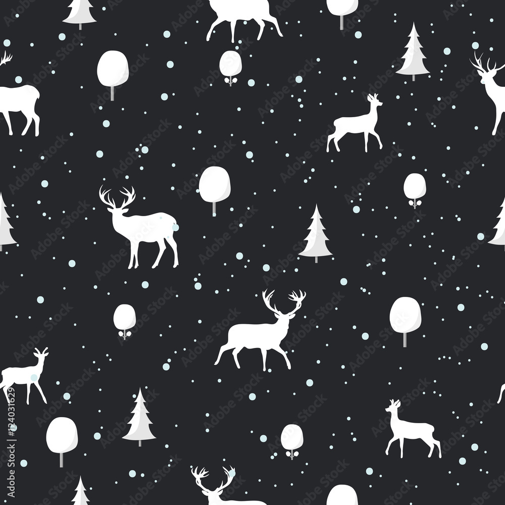 Fototapeta premium Seamless Christmas pattern with Deer silhouettes on a black background