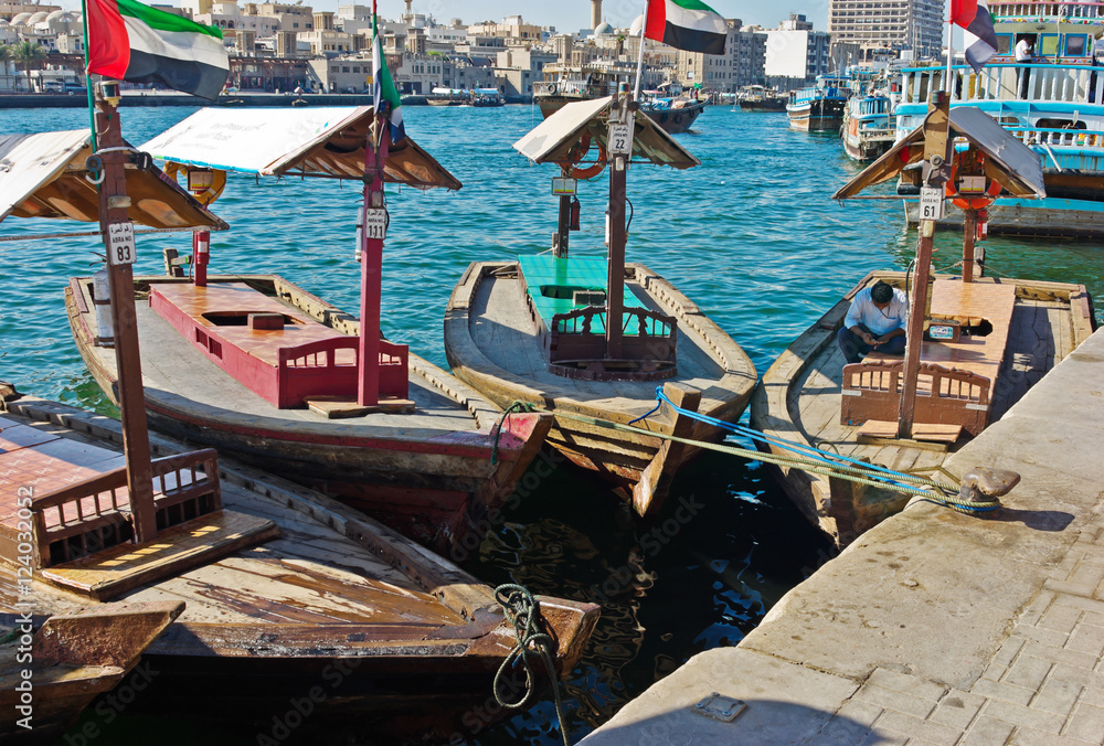 Traditional Abra ferries at the creek in Dubai, United Arab Emir