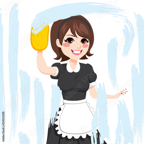 Beautiful brunette caucasian woman in maid dress working cleaning window with soap sponge