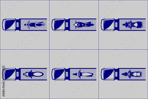 Top aerial view of tow truck loaded with different kind of motorcycles icon set - chopper, cruiser, classic, sport, enduro, scooter
