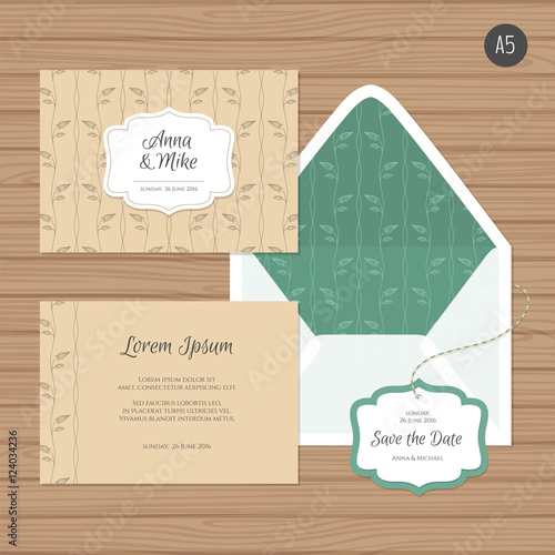 Template wedding invitation and envelope with floral ornament. Greeting card and envelope mock up. Vector illustration.