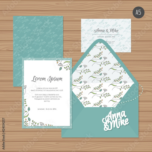 Template wedding invitation and envelope with floral ornament. Greeting card and envelope mock up. Vector illustration.