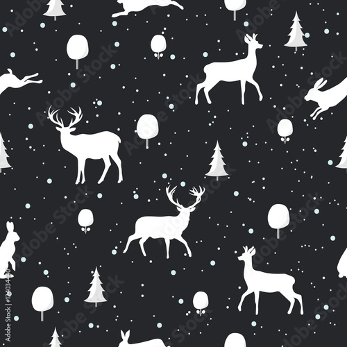 Seamless Christmas pattern with Deer and rabbit silhouettes on a black background