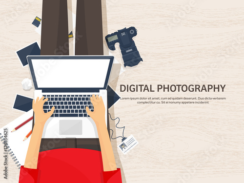 Photographer equipment on a table. Photography tools, photo editing, photoshooting flat background. Digital photocamera with lens. Vector illustration.