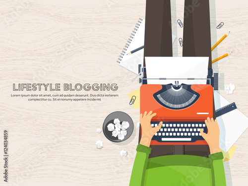 Workplace with typewriter. Flat design.Writing a blog,blogging.Storytelling technique.Copywriting.
