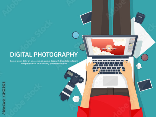Photographer equipment on a table. Photography tools, photo editing, photoshooting flat background. Digital photocamera with lens. Vector illustration.