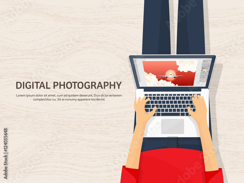 Photographer equipment on a table. Photography tools, photo editing, photoshooting flat background. Digital photocamera with lens. Vector illustration.