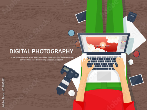 Photographer equipment on a table. Photography tools, photo editing, photoshooting flat background. Digital photocamera with lens. Vector illustration.