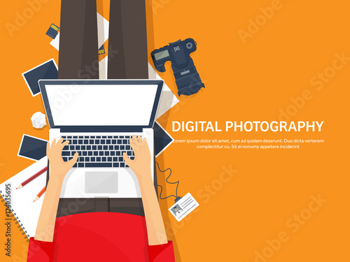 Photographer equipment on a table. Photography tools, photo editing, photoshooting flat background. Digital photocamera with lens. Vector illustration.