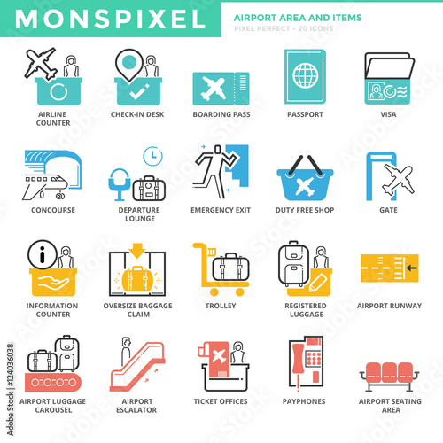 Flat thin line Icons set of Airport Area and Items. Pixel Perfec