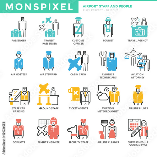 Flat Icons set of Airport Staff and People. Pixel Perfect Icons.