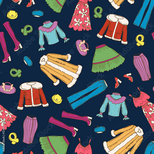 Colored pattern with hand drawn fashionable clothes for women on black color