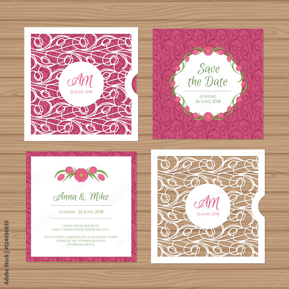 Wedding invitation or greeting card with flower ornament. Cut laser square envelope template. Wedding invitation envelope for laser cutting. Vector illustration. Wedding invitation or greeting card with flower ornament. Cut laser square envelope template. Wedding invitation envelope for laser cutting. Vector illustration.