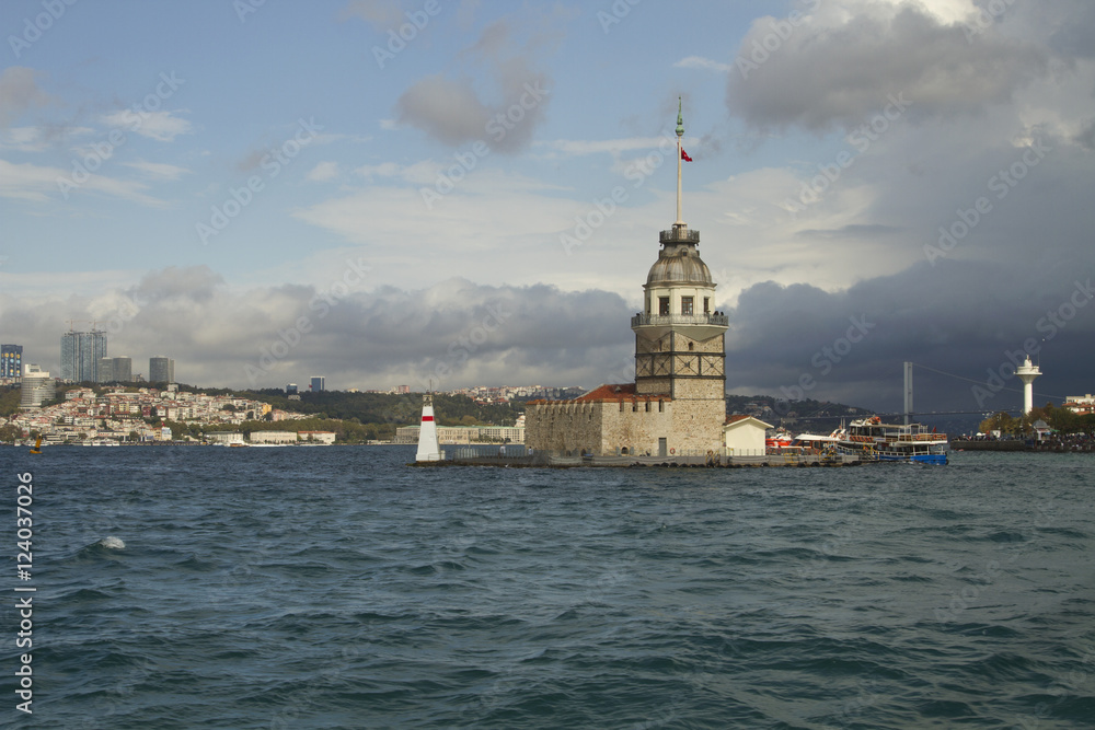Maidens Tower, Istanbul, city and sea, blue sky with white cloud