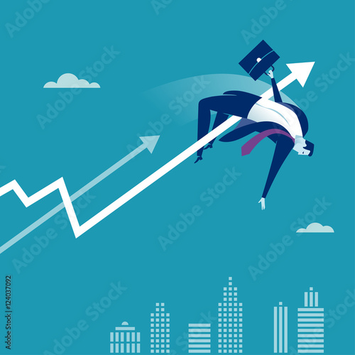 Overcome. Illustration of a manager jumping over rising business chart.