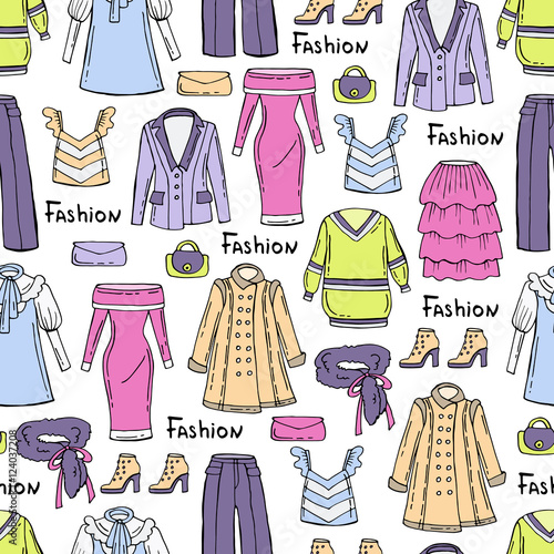 Pattern with hand drawn colored fashionable clothes for women on white background