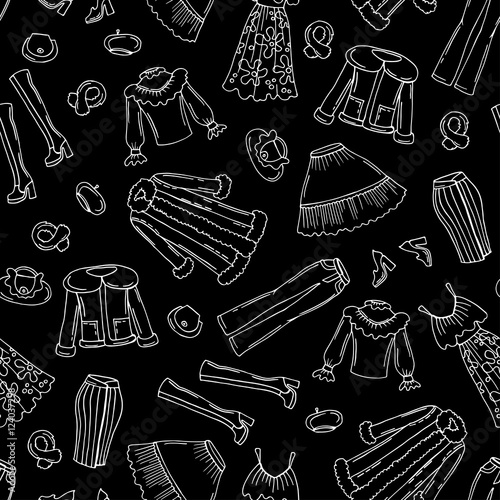 Pattern with hand drawn fashionable clothes for women on black color