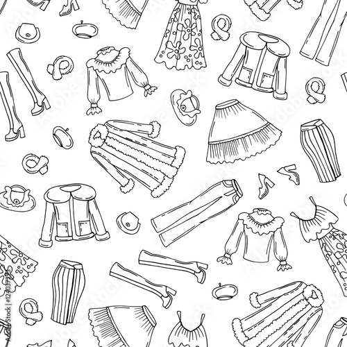 Pattern with hand drawn fashionable clothes for women on white color