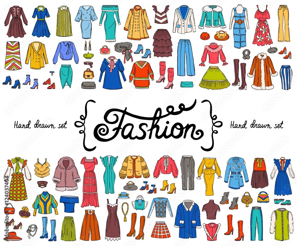 Vector set with hand drawn colored doodles on the theme of fashion on white color