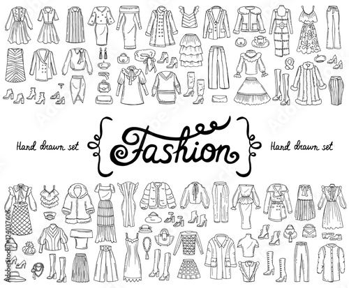 Vector set with hand drawn isolated doodles on the theme of fashion on white color