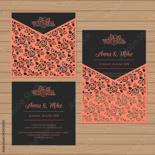 Wedding invitation or greeting card with flower ornament. Cut laser square envelope template. Wedding invitation envelope for laser cutting. Vector illustration.