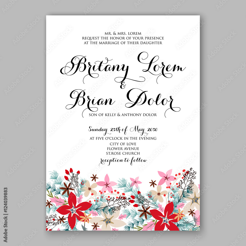 Merry Christmas party invitation with winter wreath. Pine, poinsettia Merry Christmas party invitation with winter wreath. Pine, poinsettia