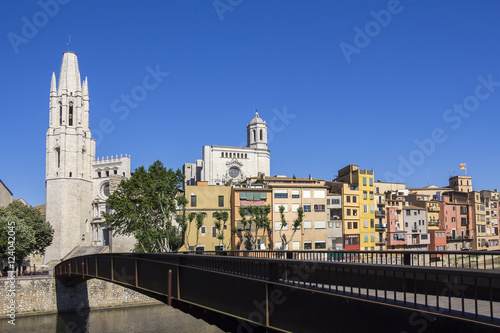 Girona picturesque small town with Colorful houses and ancient C