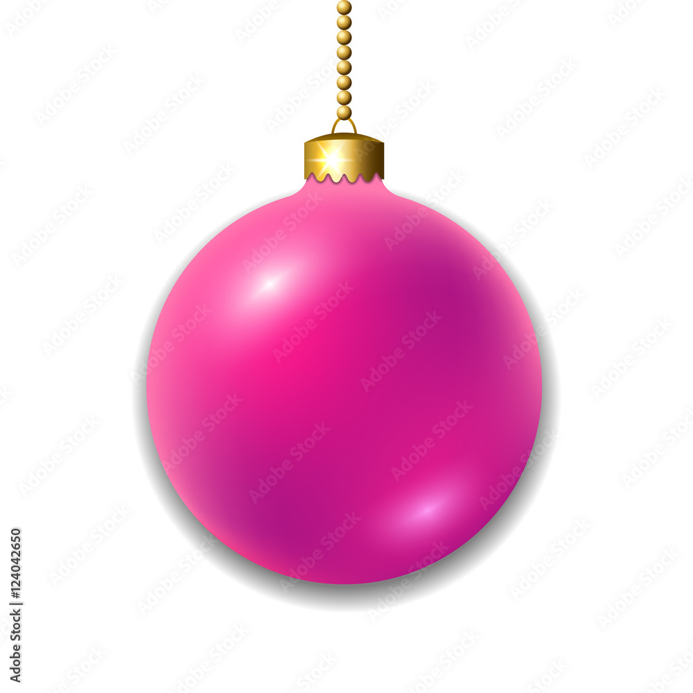 Merry Christmas 3D ball decoration. Pink with gold bauble, isolated on white background. Bright shiny decorative holiday design. Symbol of Xmas, Happy New Year celebration. Vector illustration Merry Christmas 3D ball decoration. Pink with gold bauble, isolated on white background. Bright shiny decorative holiday design. Symbol of Xmas, Happy New Year celebration. Vector illustration