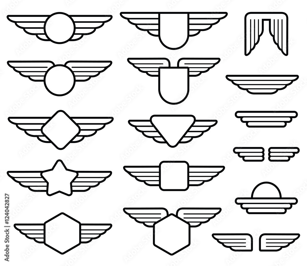 Fototapeta Wing army emblems, aviation badges, pilot labels line vector set