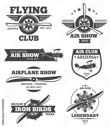 Vector aviation badges, avia club emblems, airplane logos set
