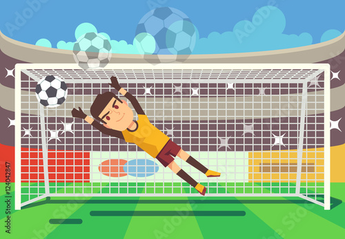Soccer, football goalkeeper catching ball in goal vector illustration
