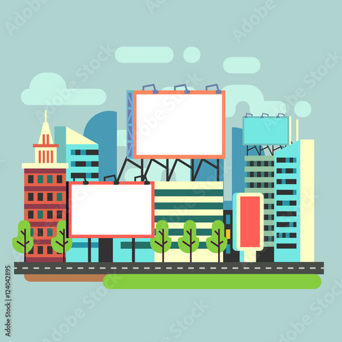 Urban empty advertisement billboards in flat city vector illustration