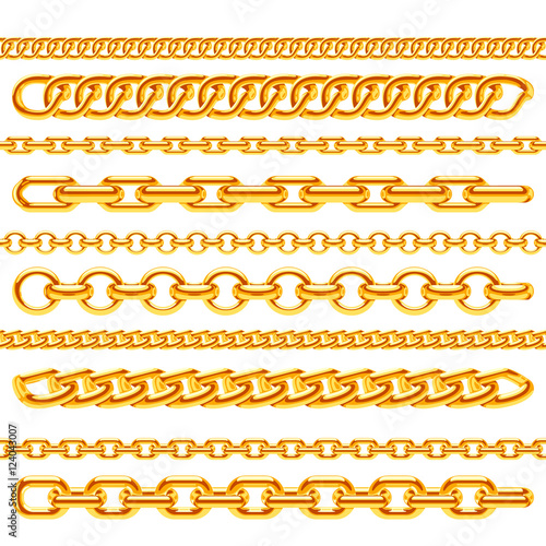Realistic gold necklace chains vector brushes set