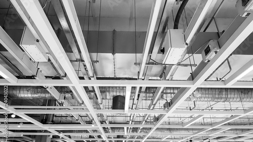 Bare skin ceiling; show steel structure, air condition system, lighting design, electrical system and fire protection system.